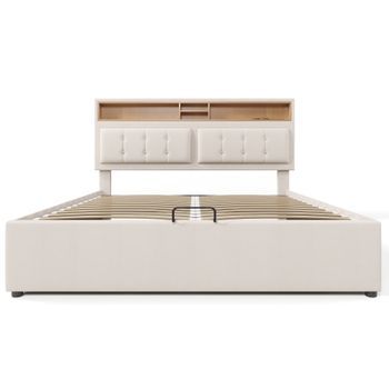 Cama Con Canapé 140x200cm En Tejido De Lino Cabecero Ajustable Con Enchufes Con Somier Beige