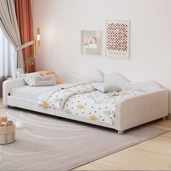 Cama Sofá Acolchada Multifuncional Para Niños Con Respaldo Y Reposabrazos, Tela De Teddy, Blanca 90x200 Cm