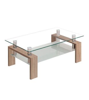 Mesa de centro de cristal con revistero y patas color roble