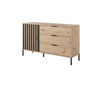 Comoda tally en beige, negro con un estilo moderno, mide 82x138x40 cm y tiene 2 estantes, 1 puerta y 3 cajones