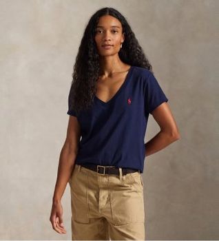 Polo Ralph Lauren para mujer. 211B14611008 Camiseta cuello pico marino (XXL), Casual, Algodón, Manga corta