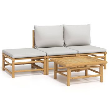 Conjunto De Muebles De Jardín 4 Uds | Mesa Y Sillas Bambú Y Cojines Gris Claro
