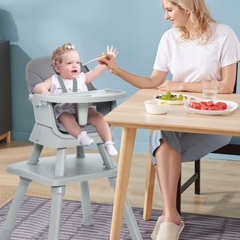 Trona Bebé Convertible 6 En 1 Silla Alta Comedor Set Mesa Silla Niños Bandeja Cojín Desmontables Gris 58x58x98 Cm