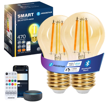 Aigostar Bombilla Inteligente Bluetooth Mesh G45, Alexa LED 4.5W E27 470LM, Regulable Cálida a Fría 2700K-6500K, Bombilla Vintage Filamento Compatible con Alexa, Paquete de 2(Con Control Remoto)