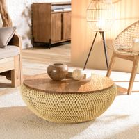 mesa de centro redonda de ratan beige con tablero desmontable d81