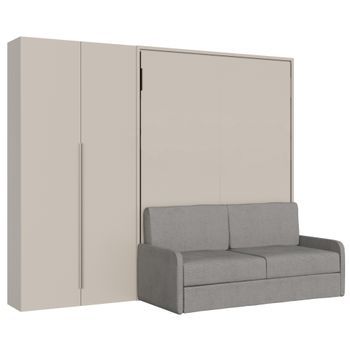 Cama Abatible Francesa Vertical Versia Sofà 140 Con Sofá, Estante Y Armario Izquierdo De 2 Puertas Clay