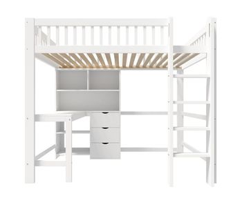 Cama alta 140x200 cm - estante, escalera, escritorio, 3 cajones - blanco