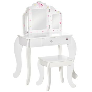 Homcom Tocador Infantil de Madera con Taburete Espejo y Cajón Rosa