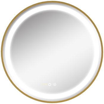 kleankin Espejo de Baño Redondo con Luz LED Táctil Ajustable Brillo y Color con Reloj Integrado Ø60x4 cm Dorado   Aosom España