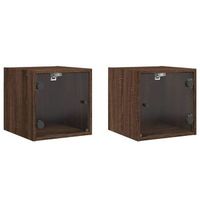 pack 2 uds mesitas noche  mesa auxiliar  mesilla con puertas vidrio roble marron 35x37x35 cm