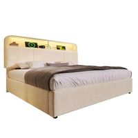 cama individual de 160x200 cm - somier hidraulico de laminas - con iluminacion led - usbtipo c - terciopelo - beige