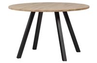 mesa de comedor redonda de roble y acero negro