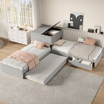 Cama En Ángulo Dos Camas Individuales Con Armario De Almacenamiento Cajón Con Cama Gemela 90x200 Cm Lino Gris