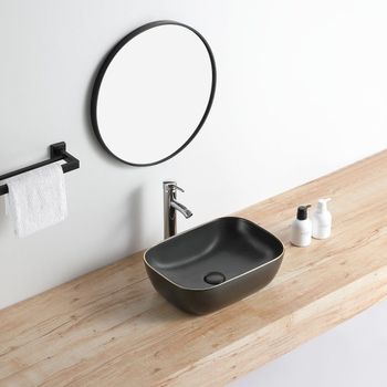Lavabo Negro Mate Borde Dorado Sobre Encimera Cerámico Cuarto 45,5 X 32,5 Cm  45.5 X 32.5 Cm
