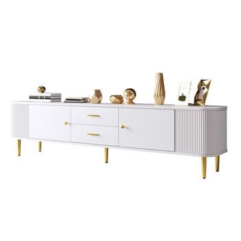 Mueble De Tv Blanco 170 Cm Con Laterales Ondulados, Esquinas Redondeadas Y Patas Doradas, Mdf