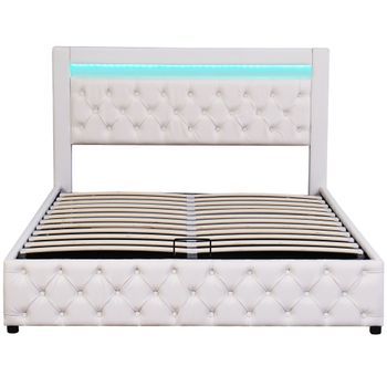 Cama Contenedor Tapizada En Símil Piel Con Led - 140x200cm - Con Somier De Láminas - Blanco
