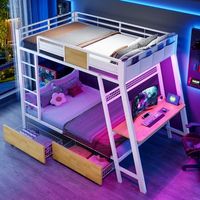 cama alta de metal 90x200 cm con escritorio gaming enchufes usb type-c luces led y 2 cestas de almacenaje
