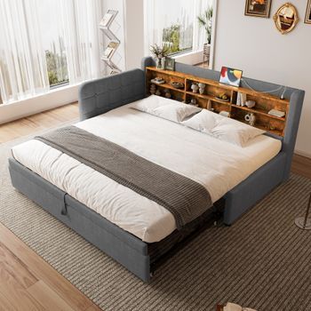 Cama Sofá Con Somier De Listones, Usb + Tipo-c, Lino Gris 90x200 Cm