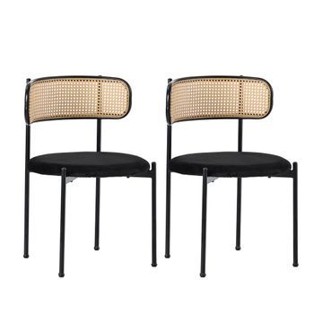 Set 2 Sillas De Comedor Terciopelo Y Ratán Urban Meuble Retro 51x40x75 Cm - Negro
