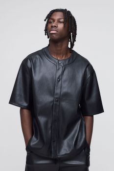 Camisa Oversize De Béisbol Con Cuero Sintético En Relieve, Negro
