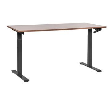 Escritorio De Altura Regulable Manualmente Oficina Moderna Patas Cuadradas  160 X 72 Cm Tablero Madera Oscura Soporte De Acero Negro Destines