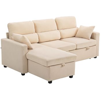 HOMCOM Sofá Cama Esquinero con Compartimento, Tapizado en Terciopelo Acanalado y 2 Cojines, 205x135x76 cm, Beige