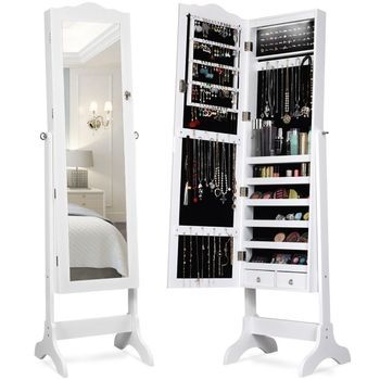Armario Joyero Organizador De Joyas Con Puerta De Espejo De Cuerpo Entero 41,5 X 37 X 160 Cm Blanco