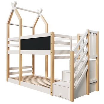 Litera De Pino Y Mdf 90 X 200 Cm, Blanca Y Natural, Con Pizarra Y Escalera De Almacenaje