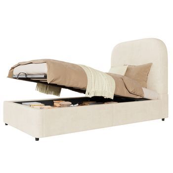 Cama Tapizada Para Niños 90x200cm Con Cabecero Y Almacenamiento En Terciopelo Beige