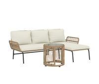 outsunny conjunto de muebles de jardin exterior de ratan juego de 3 piezas muebles de terraza con sofa de 2 plazas chaise longue cojines y mesa auxiliar de tablero de vidrio para patio crema y natural