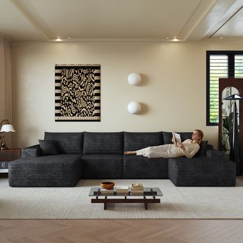 Sofá Rinconera Modular Con Chaise Longue, Negro, 340 Cm, Pana Acanalada