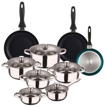 Batería de cocina de acero inox y sartenes azul ø16,20,24 cm