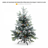 arbol de navidad decorativo con bolitas rojas pinas y nieve 90cm 45leds