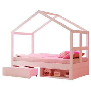 Cama Casita De Madera Individual 90x190 Con Cajones De Almacenaje Y Zapatero, Iluminación Led, Cama Juvenil Blanca