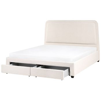 Cama Escandinava De Bouclé Con Cabecero 180 X 200 Cm Tapizada Con 2 Cajones Y Somier De Láminas Blanco Crema Sardent
