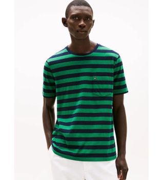 Tommy Hilfiger para hombre. MW0MW37283 Camiseta con bolsillo de parche verde (S), Casual, Algodón, Manga corta