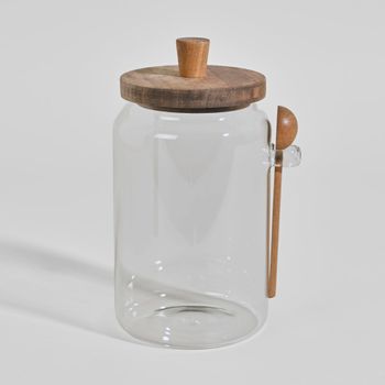 Bote de vidrio con tapa y cuchara de madera de acacia