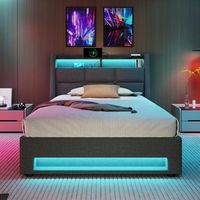 cama de 90x200 cm con cabecero con puerto usb iluminacion led con mando a distancia almacenamiento hidraulico lino color gris