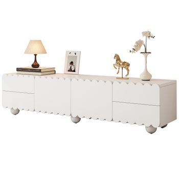 Mueble Tv Bajo, Líneas Curvas Y Frontal Plano, Mdf Y Tablero De Partículas, Color Blanco, (175x38x37cm)