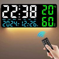 reloj de pared digital grande con 7 colores de luz ambiental control remoto 2 alarmas temporizador cuenta regresiva formato 1224 horas luz led de intensidad regulable y funcion de alarma