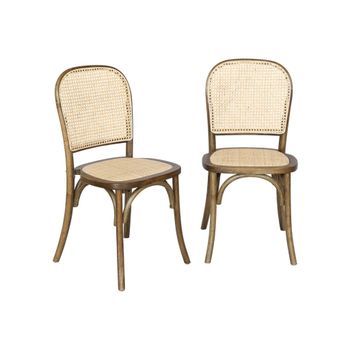 Silla Vintage De Madera Y Ratán, Set De 2, Marrón Viejo