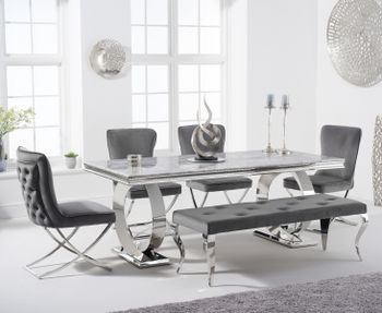 Hepburn 180cm Marble Dining Table with Giovanni Velvet Chairs and Grey Fitzrovia Bench - Grey, 2 Chairs
