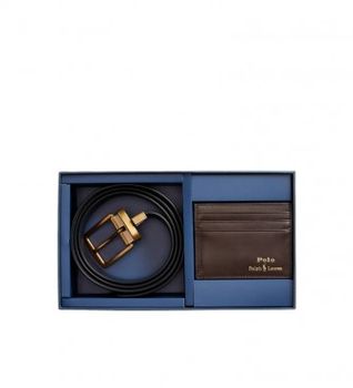 Polo Ralph Lauren para hombre. 405880721002 Set de cinturón y tarjetero de piel marrón (OSFA), Casual, Clásico