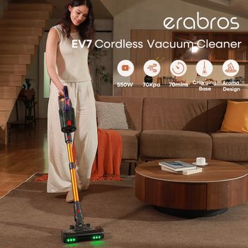 Aspiradora inalámbrica erabros EV7 de 70KPa y 550W, aspiradora de mano tipo palo, 70 minutos de autonomía, con base de carga y almacenamiento, con diseño aromático, aspiradora sin cable para la