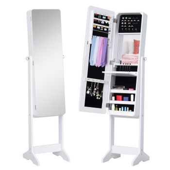 HomCom® Joyero de Pie con Espejo y Luces LED Armario Organizador de Joyas Reclinable para Anillos Pendientes Collares Elegante Blanco   Aosom España