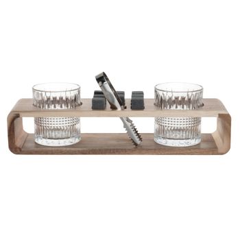 Soporte de madera de acacia, vasos de whisky tallados (x2), pinzas de piedra y cubitos de hielo