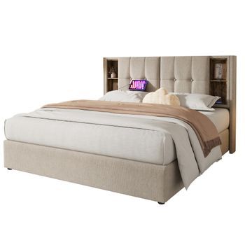 Cama Doble Con Carga Inalámbrica Usb-c 160x200 Cm-natural