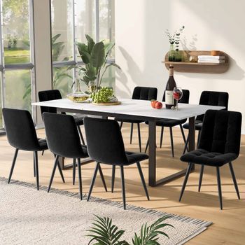 Conjunto Comedor - Mesa Y 8 Sillas - Mdf Y Terciopelo - Blanco Y Negro (140/180x80x75cm)