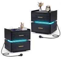 costway juego de 2 mesitas de noche con estacion de carga led 2 cajones almacenamiento semi-flotante base metal para salon dormitorio negro