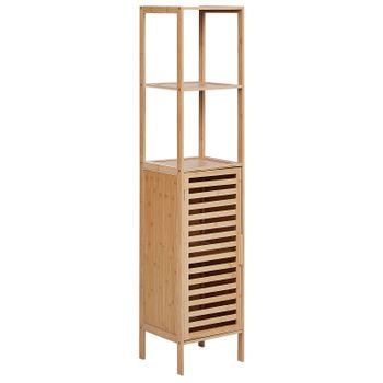 Armario De Baño Minimalista De Bambú Con Estantes Y Puerta De Madera Marrón Claro Owasso